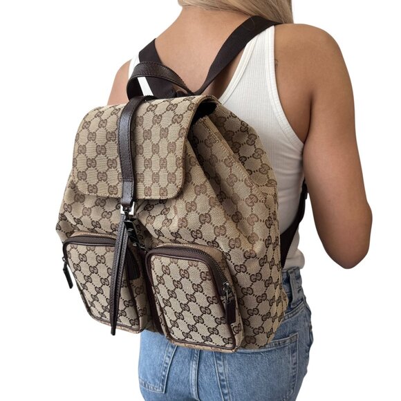 GUCCI Vintage GG Monogram Logo Backpack Bag Brown Silver Canvas Leather [105813] - Picture 1 of 12